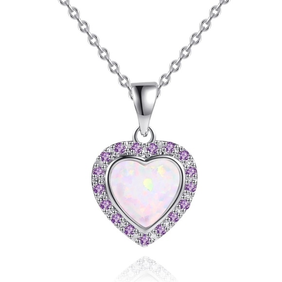 18K White Gold Plated Galaxy Opal Heart Necklace NIP - Picture 1 of 2
